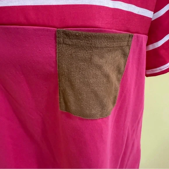 Vibrant Pink Striped Tee with Brown Pocket - Picture 8 of 10